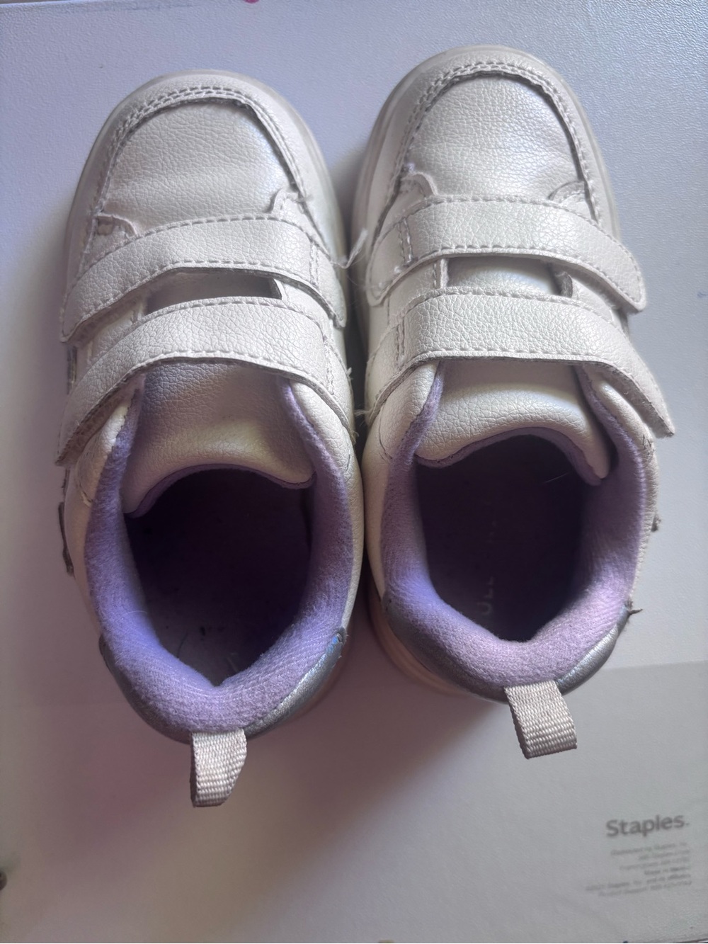 Kids White Sneakers with Light Purple Lining - Velcro Closure